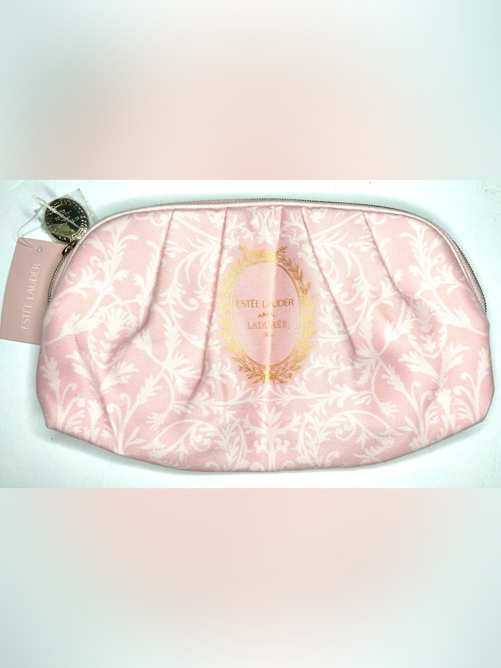 Estee Lauder Soft Pink Floral Print Makeup Pouch with Gold Crest